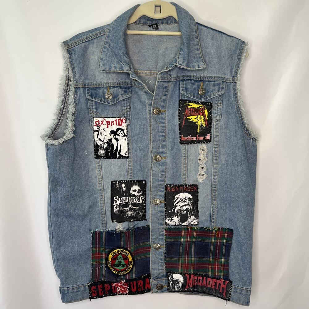 80s Metal Denim Vest Personal Used Vest All STITCHED Patches Punk
